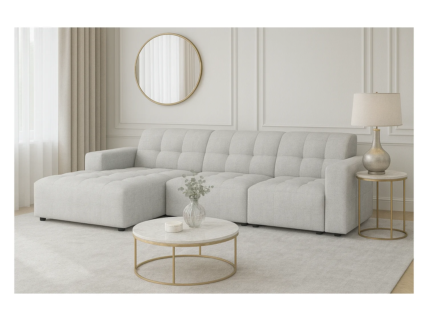 Canapé d’angle Bergamo A – angle gauche, tissu Raven 6 gris clair, 284×166×70 cm