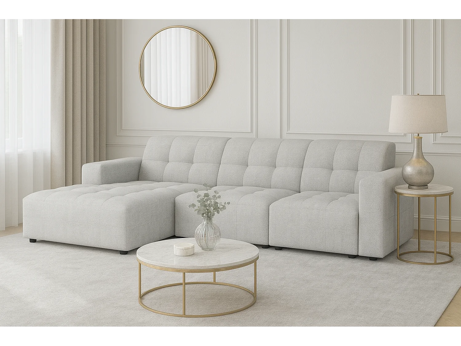 Canapé d’angle Bergamo A – angle gauche, tissu Raven 6 gris clair, 284×166×70 cm