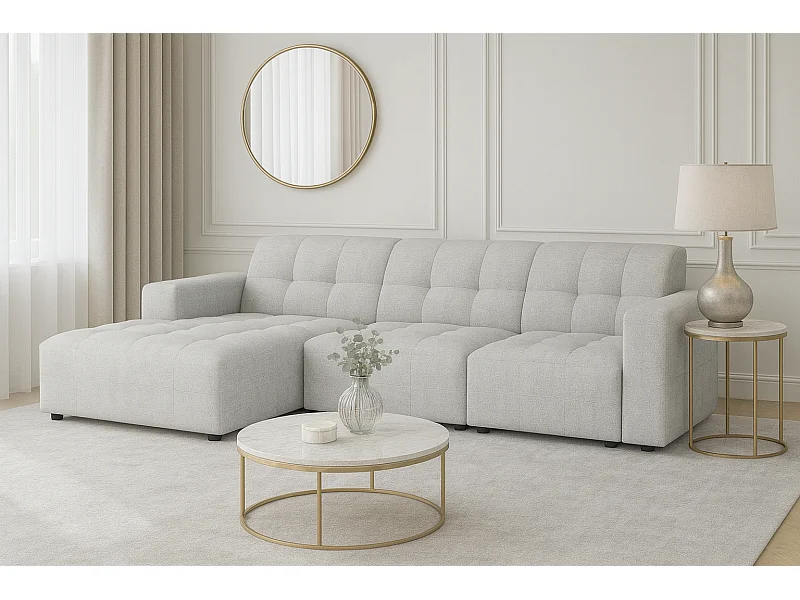 Canapé d’angle Bergamo A – angle gauche, tissu Raven 6 gris clair, 284×166×70 cm