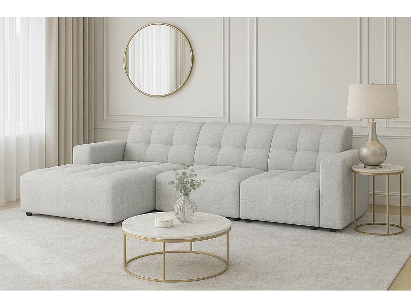 Canapé d’angle Bergamo A – angle gauche, tissu Raven 6 gris clair, 284×166×70 cm