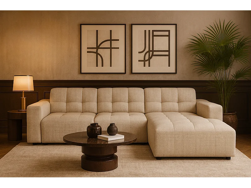 Canapé d’angle Bergamo A– angle droit, tissu Raven 24 crème , 284×166×70 cm