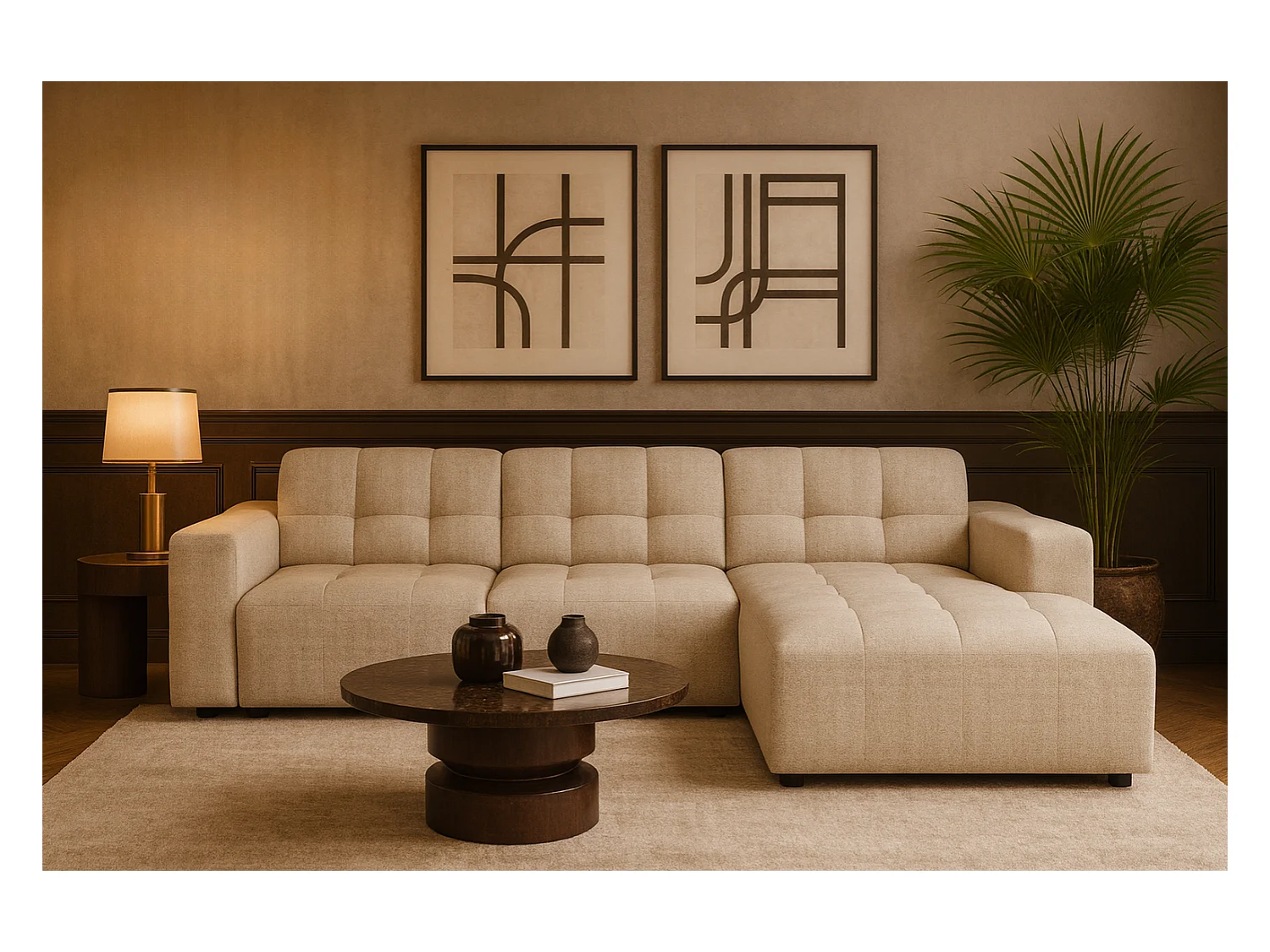 Hoekbank rechts   Bergamo A – stof Raven  24 crème, 284×166×70 cm