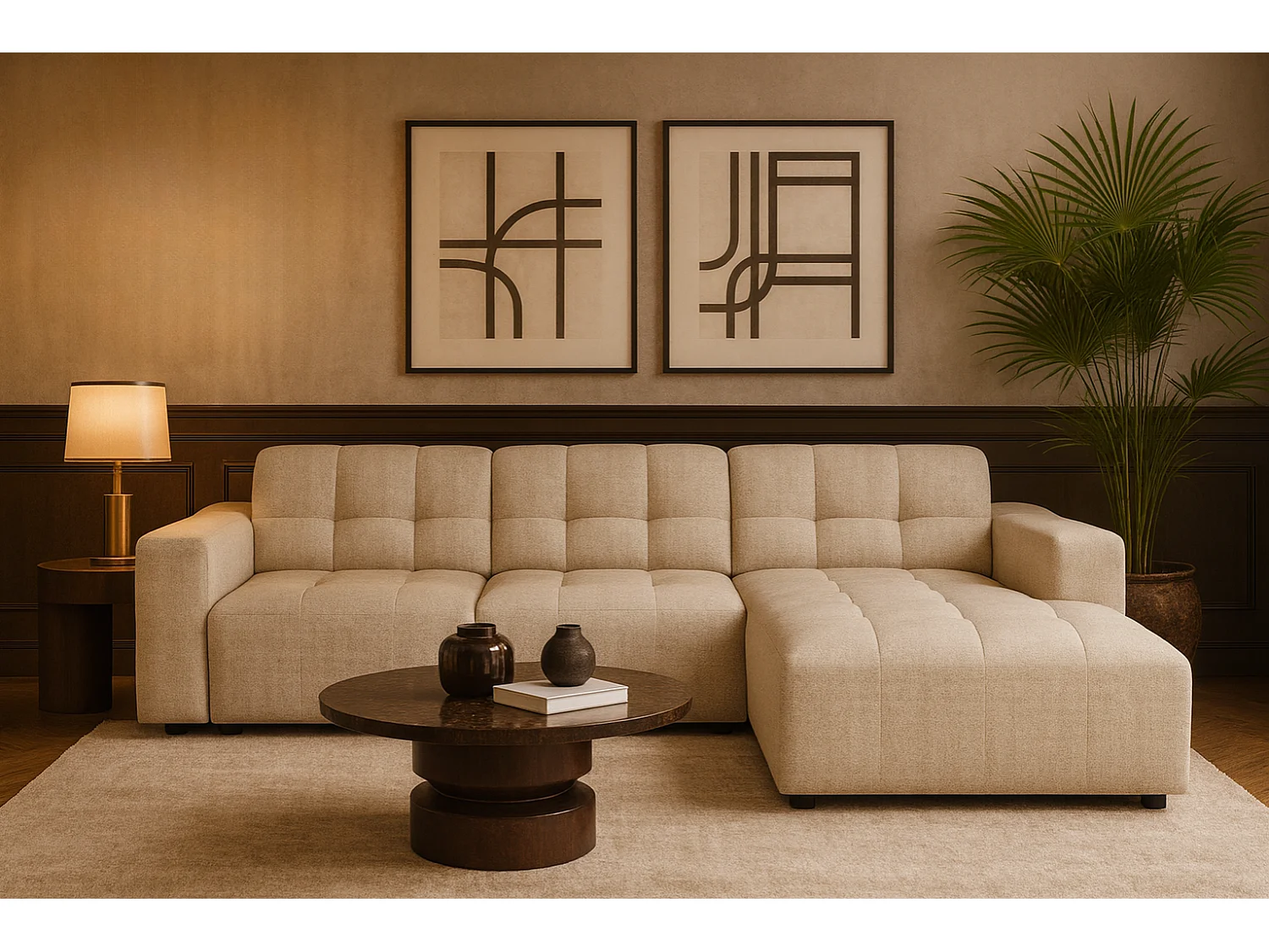 Canapé d’angle Bergamo A– angle droit, tissu Raven 24 crème , 284×166×70 cm