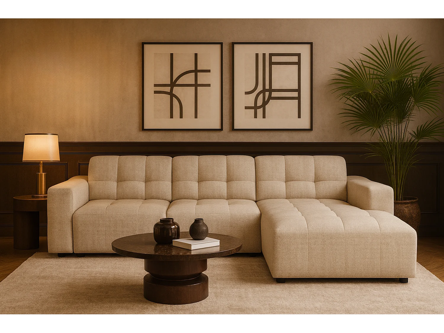 Hoekbank rechts   Bergamo A – stof Raven  24 crème, 284×166×70 cm