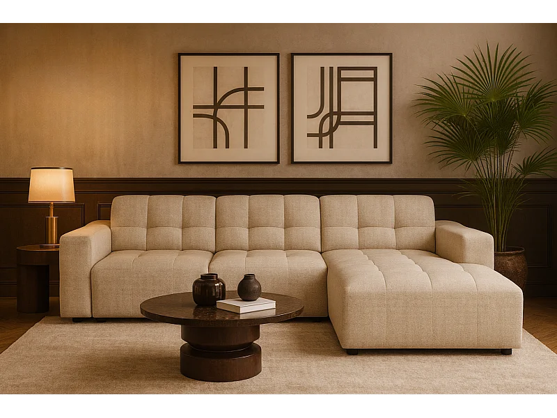 Canapé d’angle Bergamo A– angle droit, tissu Raven 24 crème , 284×166×70 cm