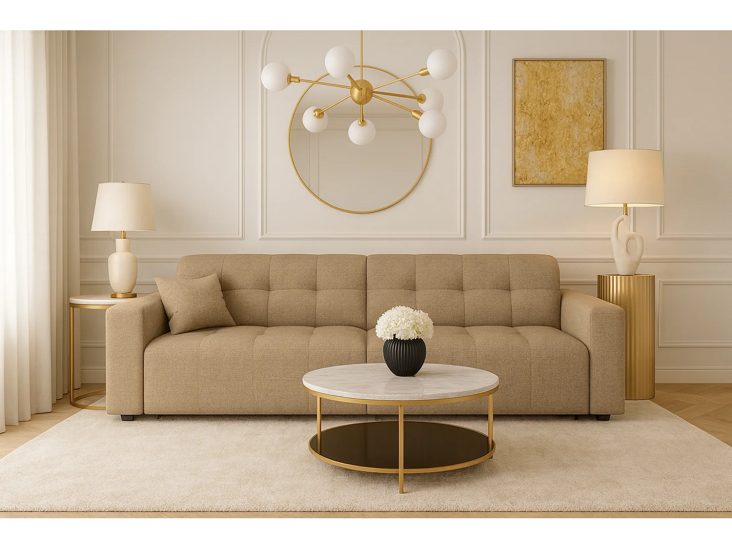 Bergamo 3-zitsbank – stof Raven 30 beige, 244×102×70 cm