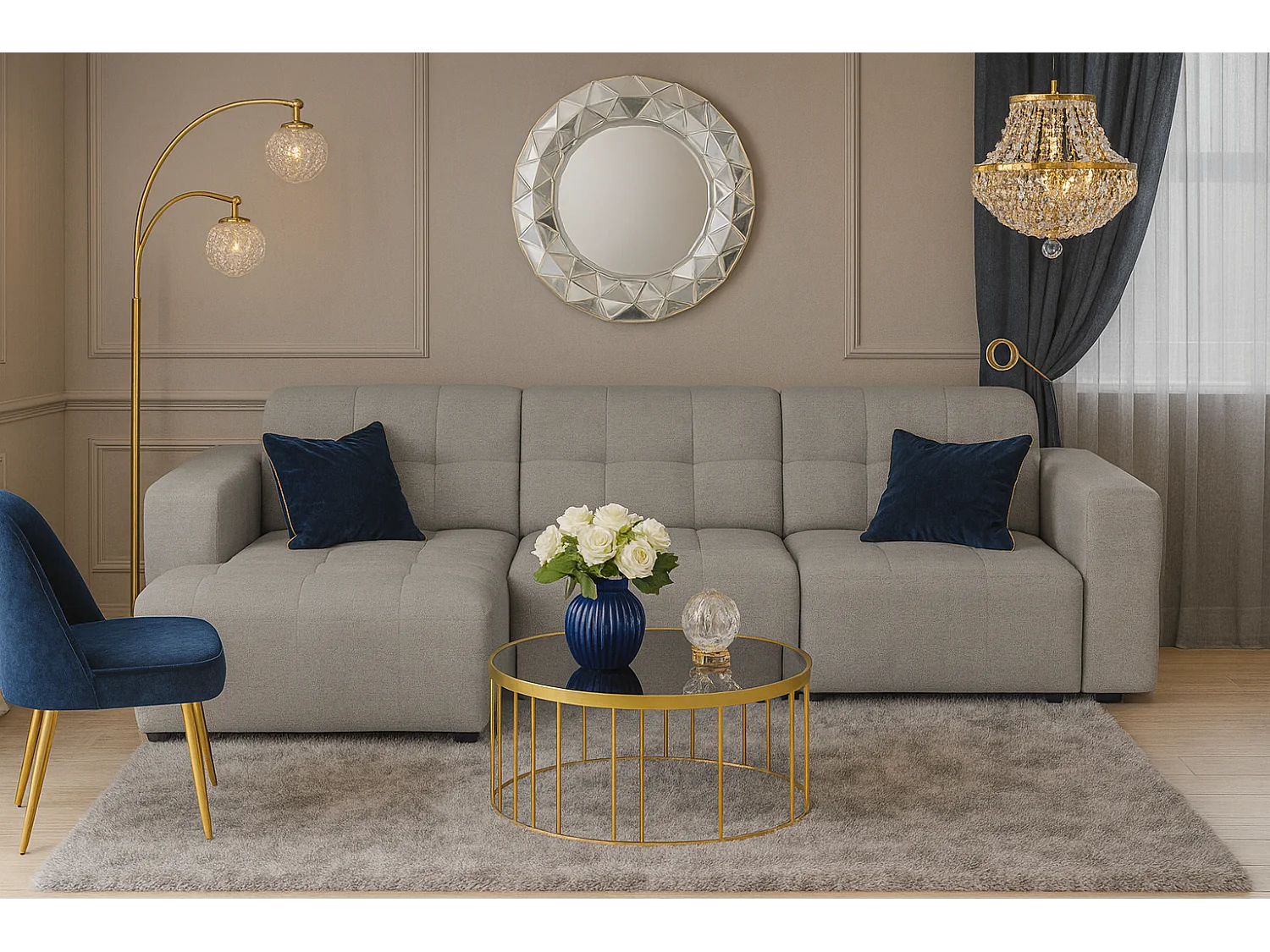 Canapé d’angle Bergamo A – angle gauche, tissu Raven 7 gris, 284×166×70 cm