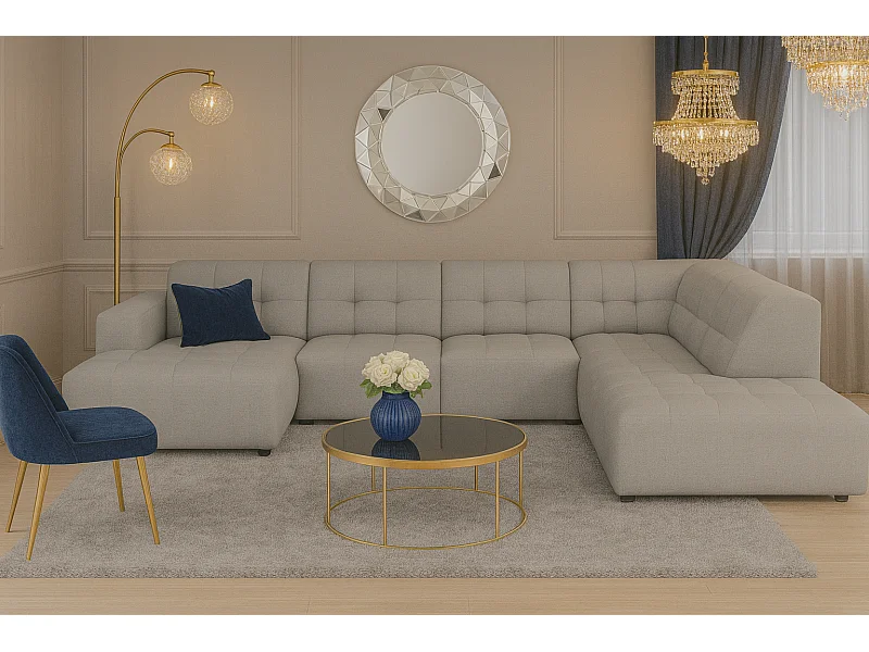 Ecksofa links mit Hocker/Pouf Bergamo C – Stoff Raven 7 grau, 364x262x70 cm