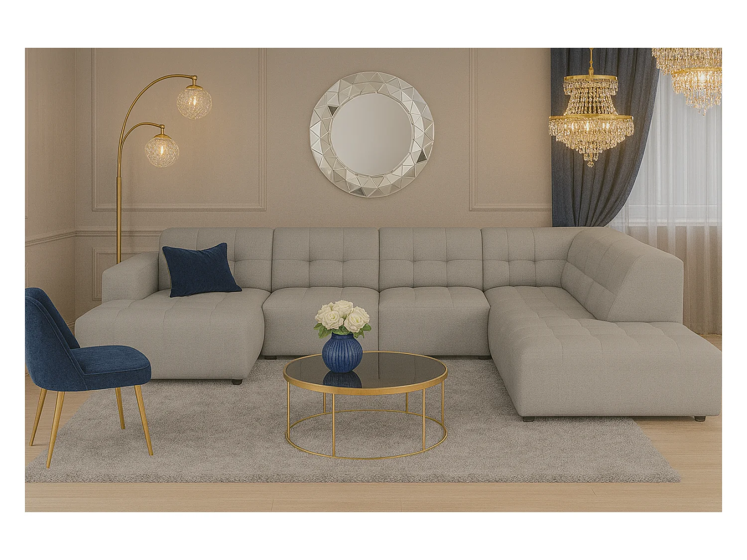 Ecksofa links mit Hocker/Pouf Bergamo C – Stoff Raven 7 grau, 364x262x70 cm