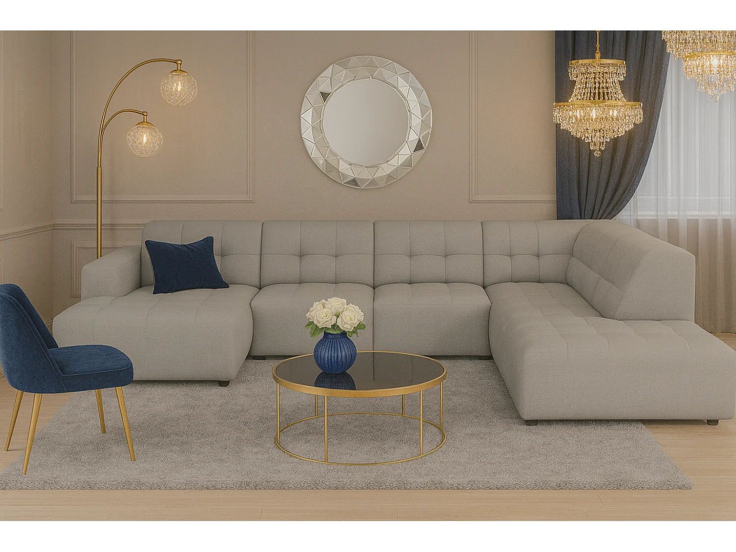 Canapé d’angle gauche avec pouf Bergamo C– tissu Raven 7 gris, 364×262×70 cm