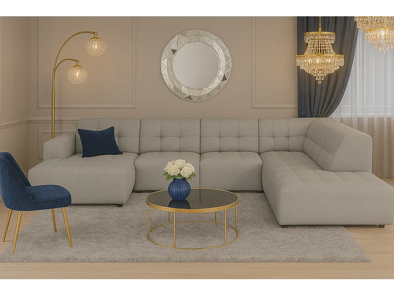 Hoekbank links met poef Bergamo C– stof Raven 7 grijs, 364x262x70 cm