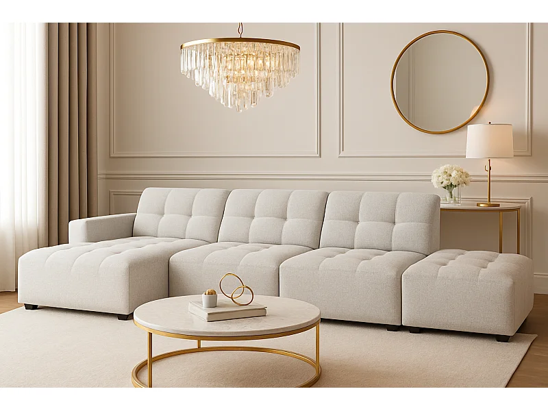 Ecksofa links mit Hocker/Pouf Bergamo B– Stoff Raven 6 hellgrau, 341×166×70 cm