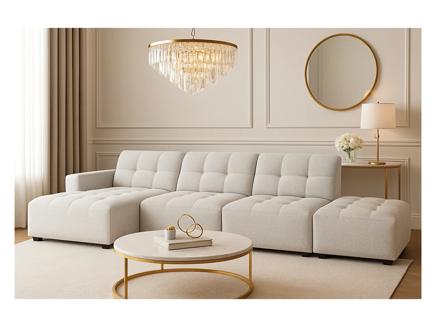 Canapé d’angle gauche avec pouf Bergamo B – tissu Raven 6 gris clair, 341×166×70 cm