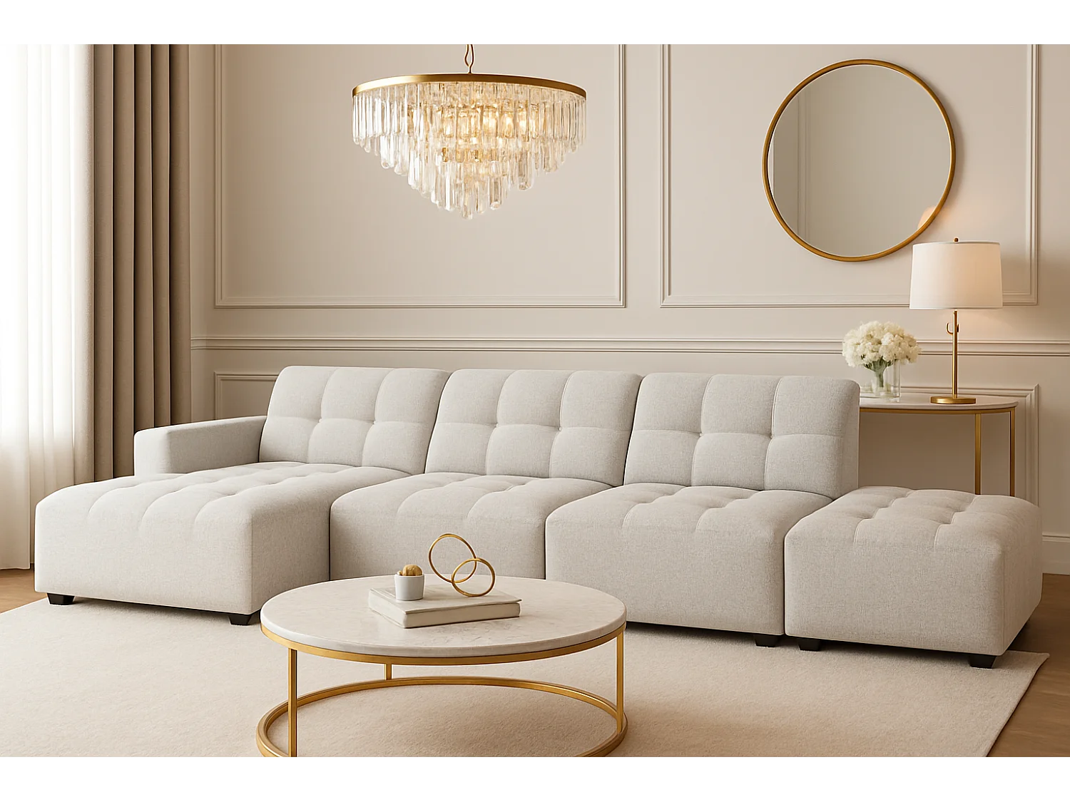 Canapé d’angle gauche avec pouf Bergamo B – tissu Raven 6 gris clair, 341×166×70 cm