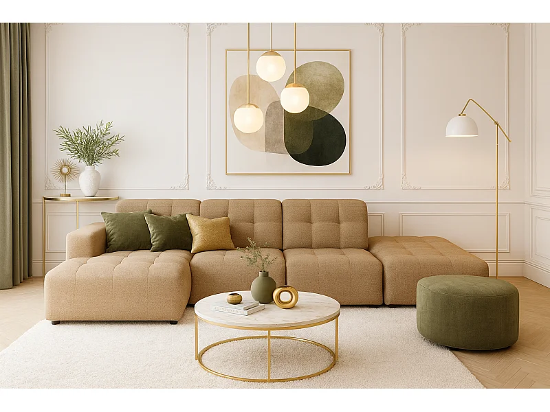 Canapé d’angle gauche avec pouf Bergamo B– tissu Raven 34 marron clair, 341×166×70 cm