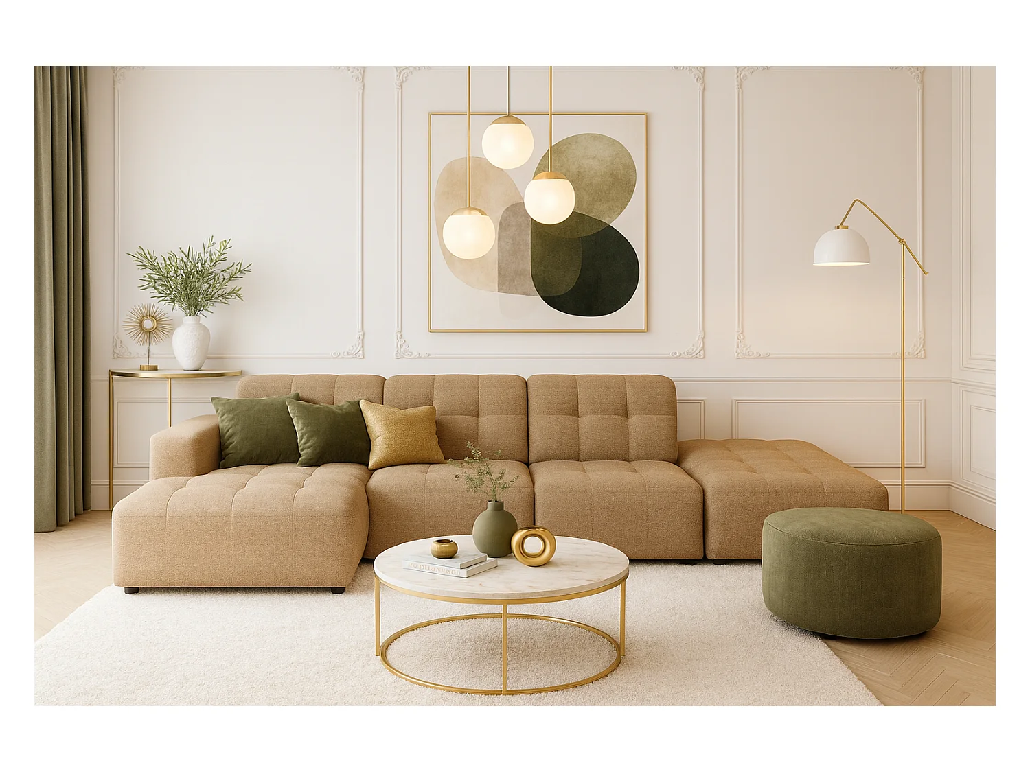 Canapé d’angle gauche avec pouf Bergamo B– tissu Raven 34 marron clair, 341×166×70 cm