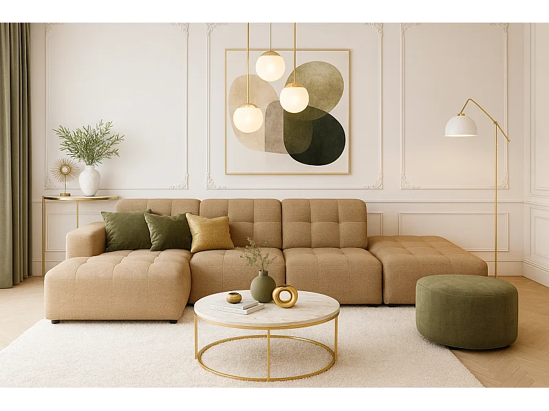 Canapé d’angle gauche avec pouf Bergamo B– tissu Raven 34 marron clair, 341×166×70 cm