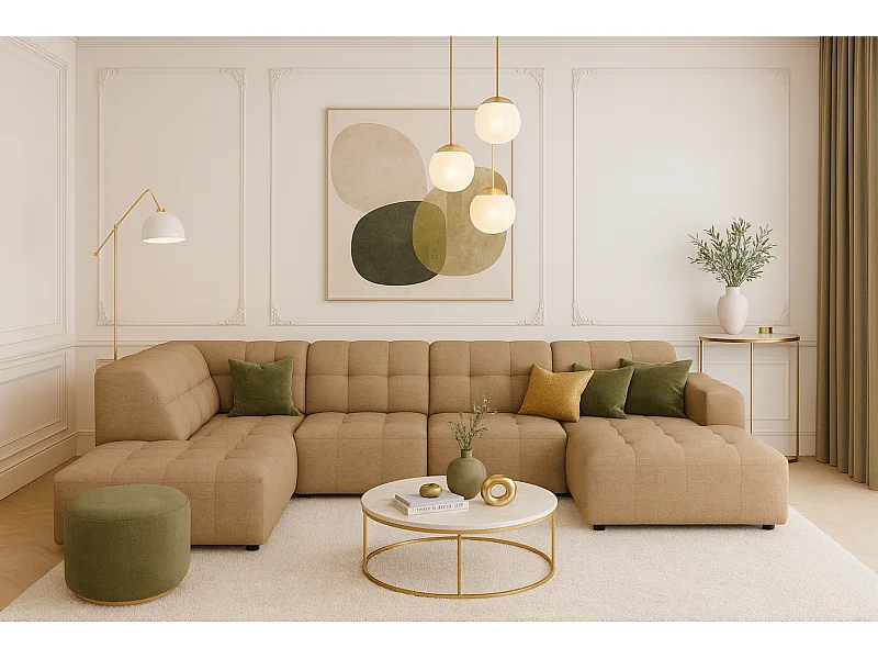 Ecksofa rechts mit Hocker/Pouf Bergamo C – Stoff Raven  34 hellbraun,364x262x70 cm