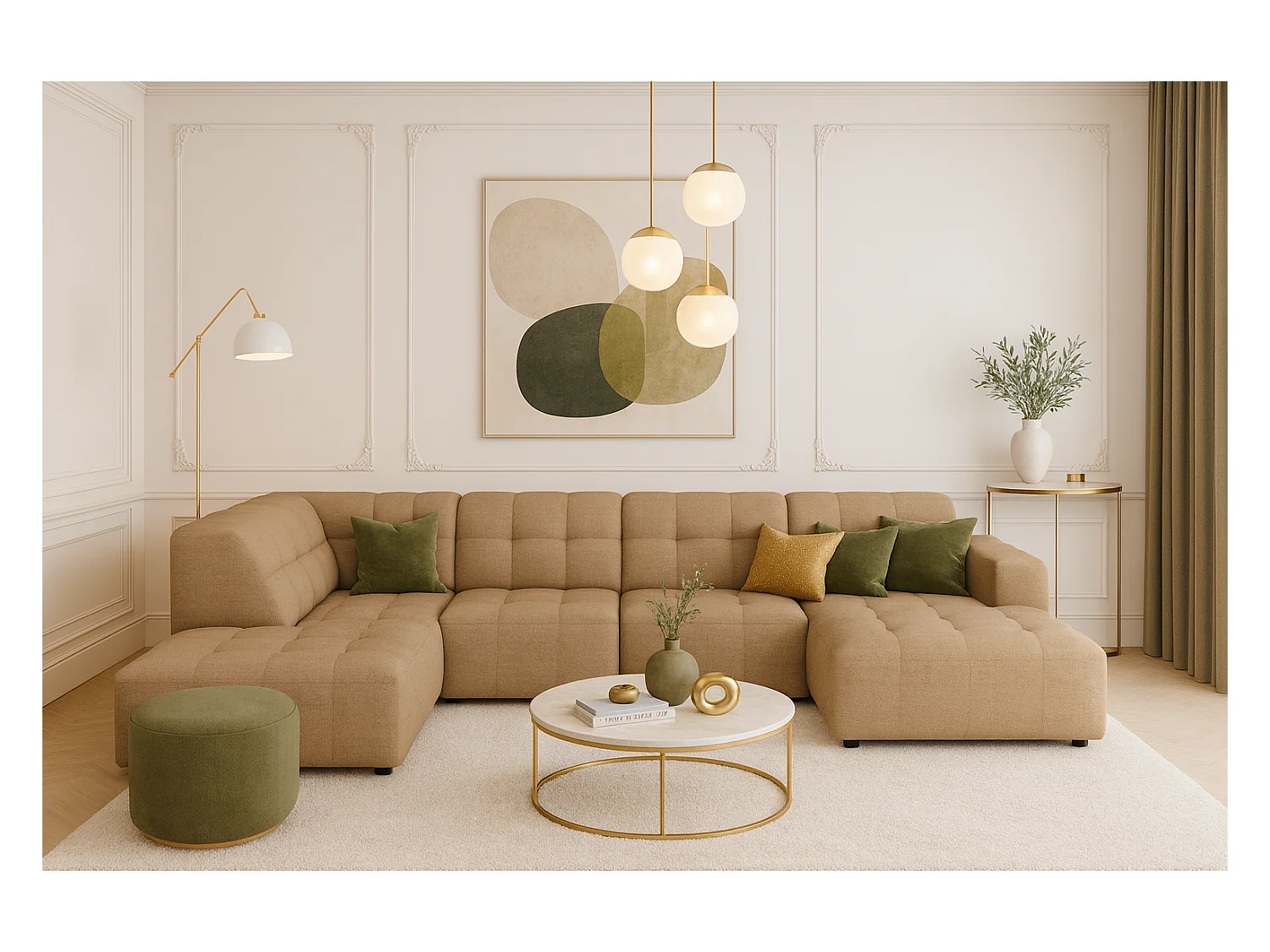 Canapé d’angle droit avec pouf Bergamo C– tissu Raven 34 marron clair,  364×262×70 cm