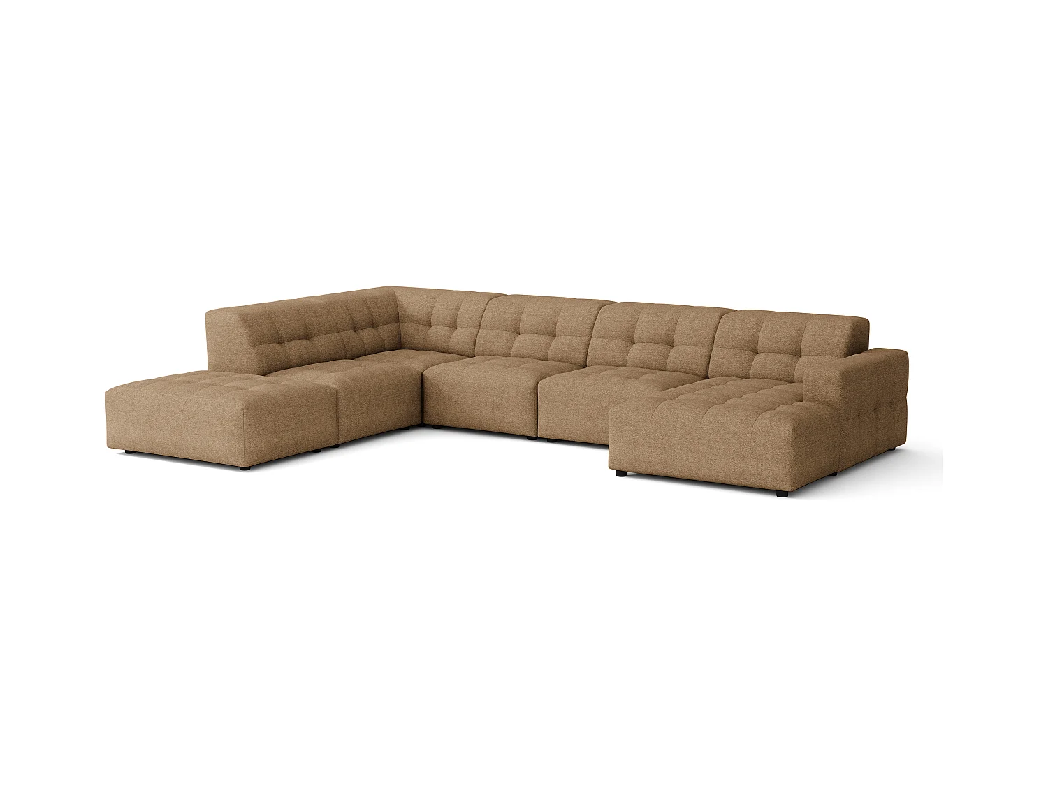 Ecksofa rechts mit Hocker/Pouf Bergamo C – Stoff Raven  34 hellbraun,364x262x70 cm