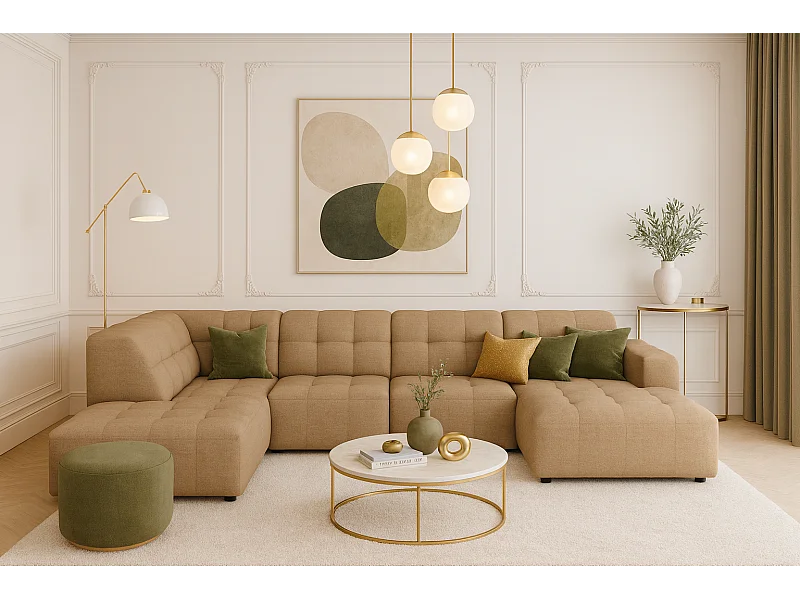 Hoekbank rechts met poef Bergamo C– stof Raven 34 lichtbruin, 364x262x70 cm