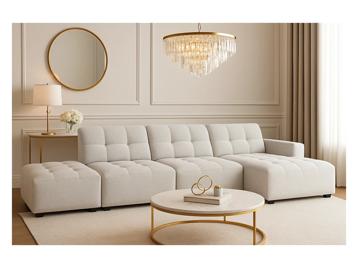 Canapé d’angle droit avec pouf Bergamo B– tissu Raven 6 gris clair, 341×166×70 cm