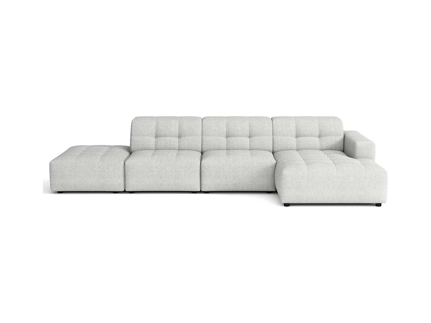 Ecksofa rechts mit Hocker/Pouf Bergamo B– Stoff Raven 6 hellgrau, 341×166×70 cm