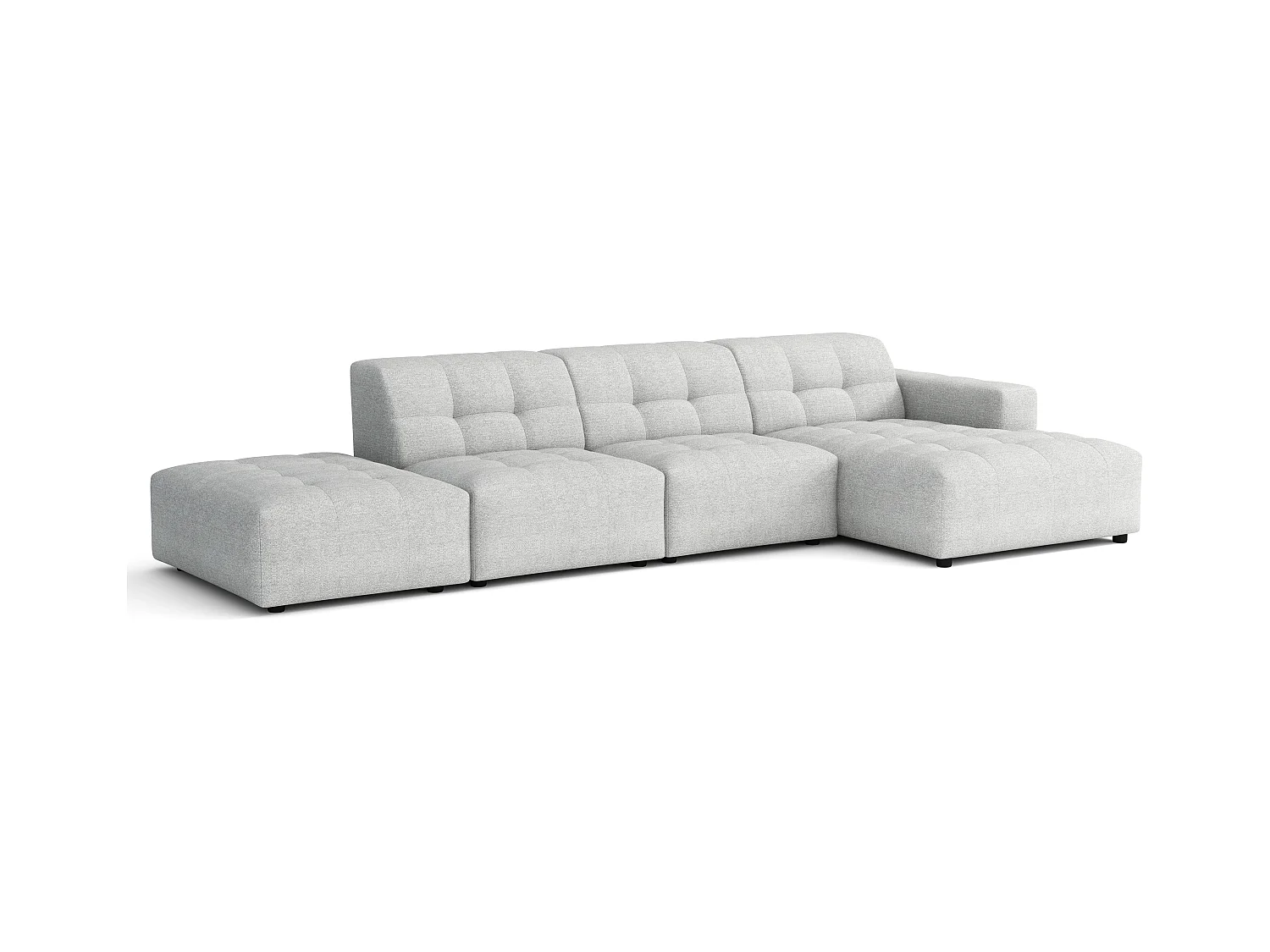 Ecksofa rechts mit Hocker/Pouf Bergamo B– Stoff Raven 6 hellgrau, 341×166×70 cm