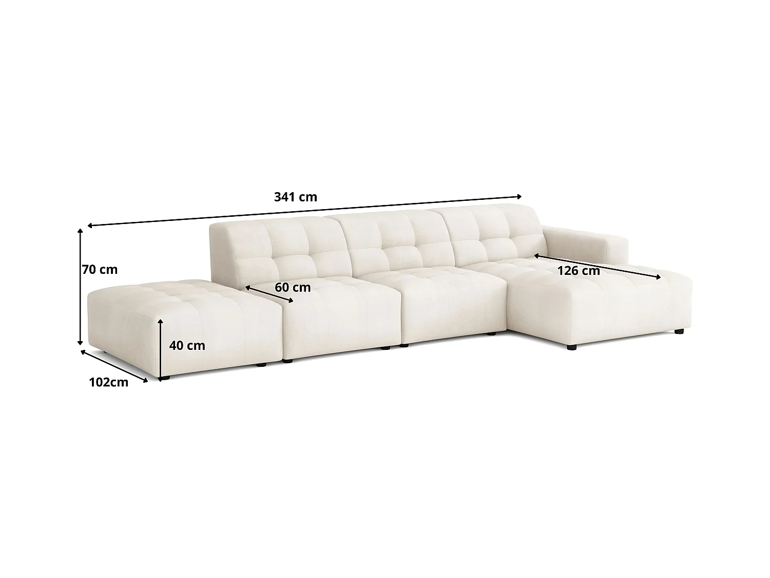 Ecksofa rechts mit Hocker/Pouf Bergamo B– Stoff Raven 6 hellgrau, 341×166×70 cm