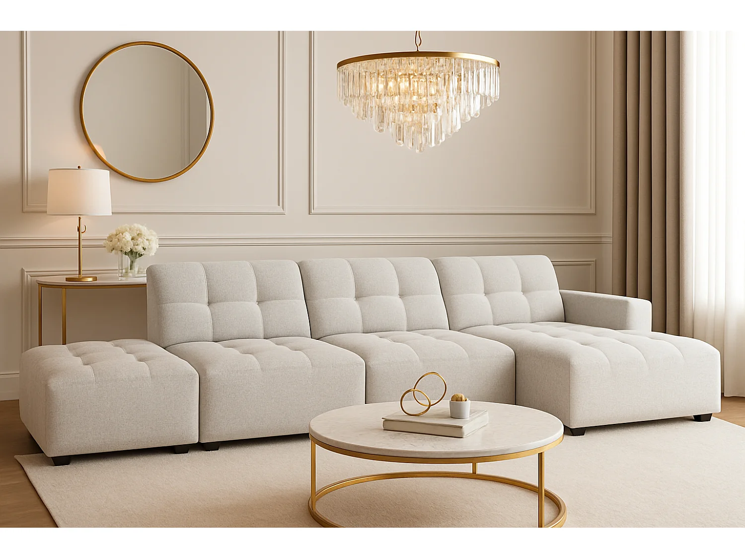 Canapé d’angle droit avec pouf Bergamo B– tissu Raven 6 gris clair, 341×166×70 cm