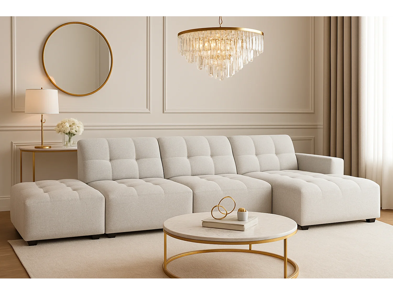 Hoekbank rechts met poef Bergamo B – stof Raven 6 lichtgrijs, 341×166×70 cm