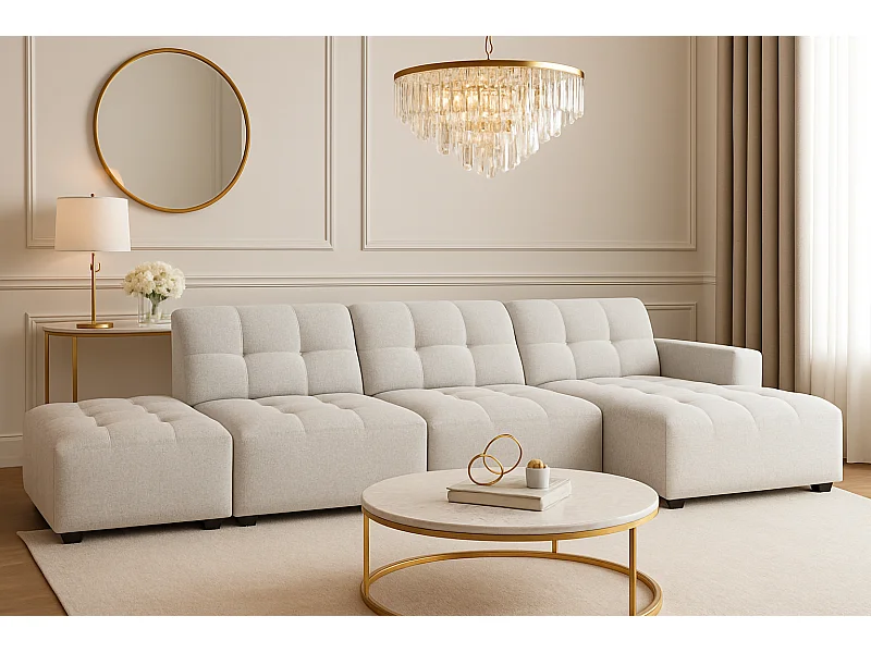 Canapé d’angle droit avec pouf Bergamo B– tissu Raven 6 gris clair, 341×166×70 cm