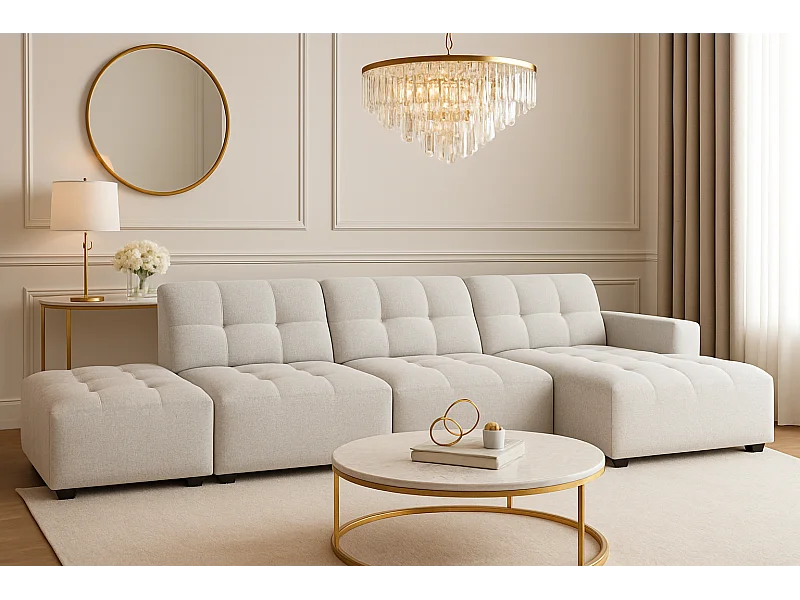 Hoekbank rechts met poef Bergamo B – stof Raven 6 lichtgrijs, 341×166×70 cm