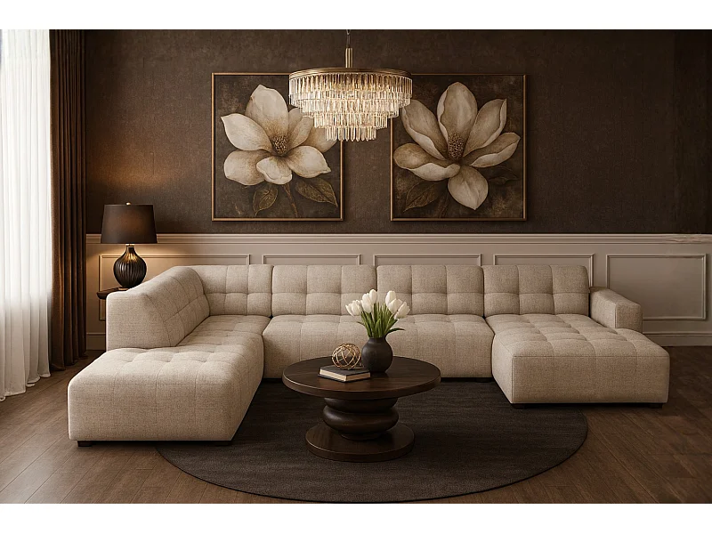 Ecksofa rechts mit Hocker/Pouf Bergamo C– Stoff Raven  24 creme, 364x262x70 cm