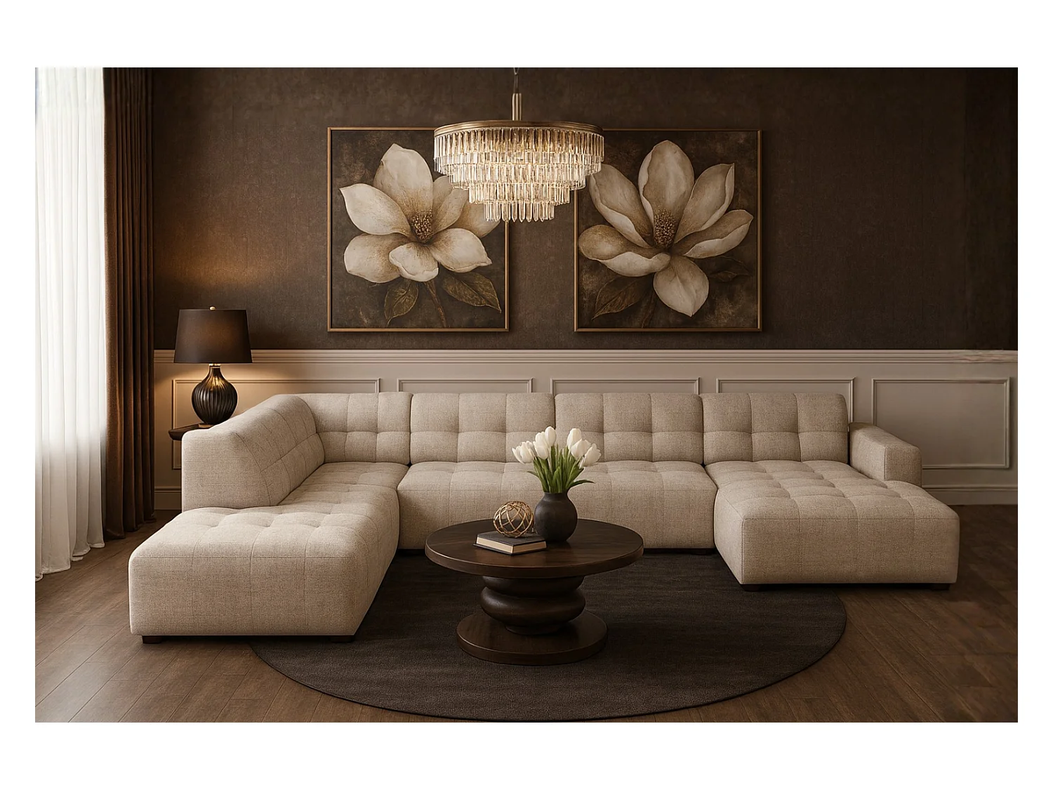 Canapé d’angle droit avec pouf Bergamo C – tissu Raven 24 crème,  364×262×70 cm