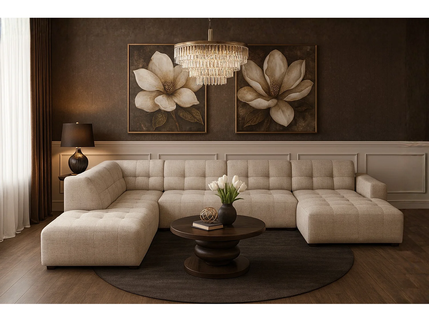 Canapé d’angle droit avec pouf Bergamo C – tissu Raven 24 crème,  364×262×70 cm