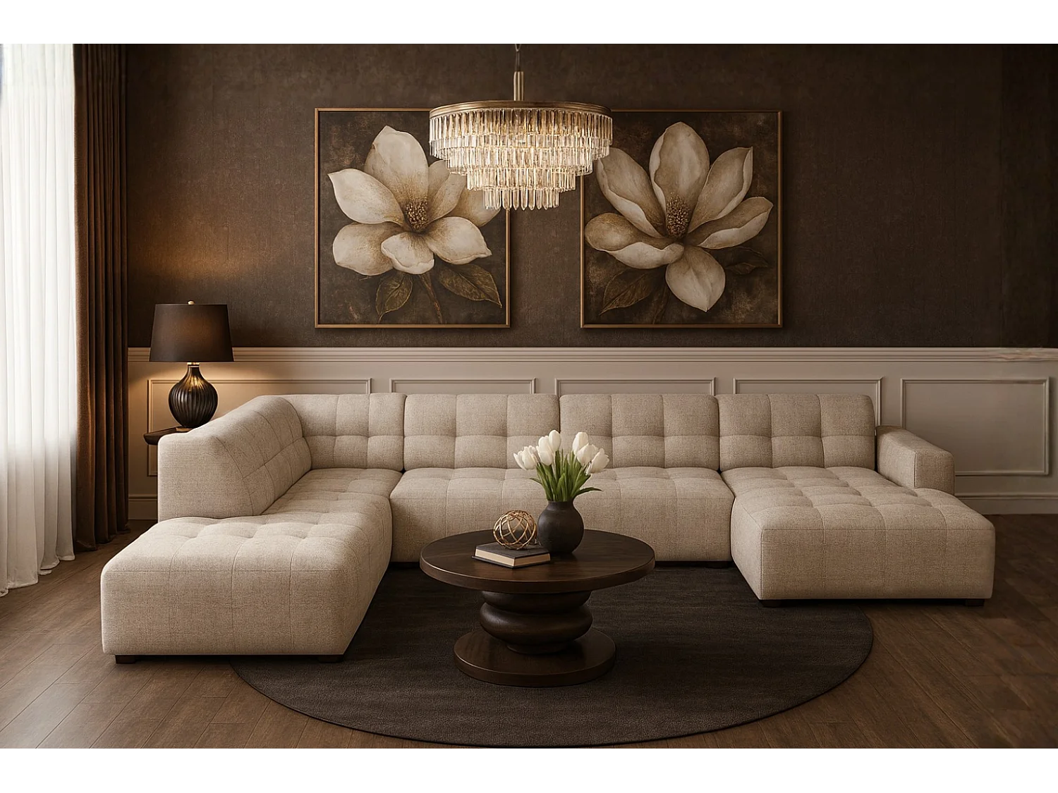 Hoekbank rechts met poef Bergamo C– stof Raven   24 crème, 364x262x70 cm