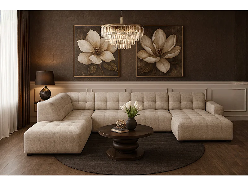 Hoekbank rechts met poef Bergamo C– stof Raven   24 crème, 364x262x70 cm