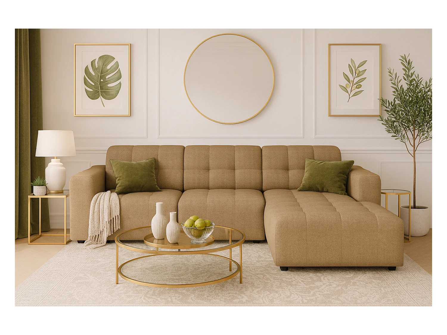 Hoekbank rechts  Bergamo A – stof Raven 34 lichtbruin, 284×166×70 cm