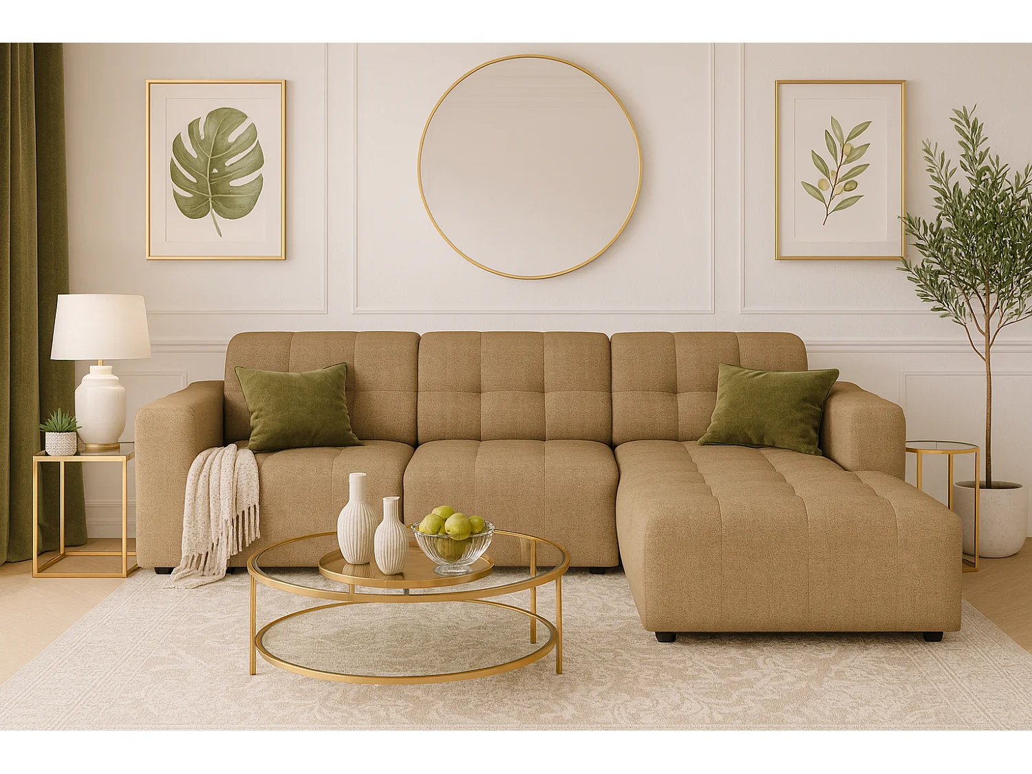 Canapé d’angle Bergamo A– angle droit, tissu Raven 34 marron clair, 284×166×70 cm