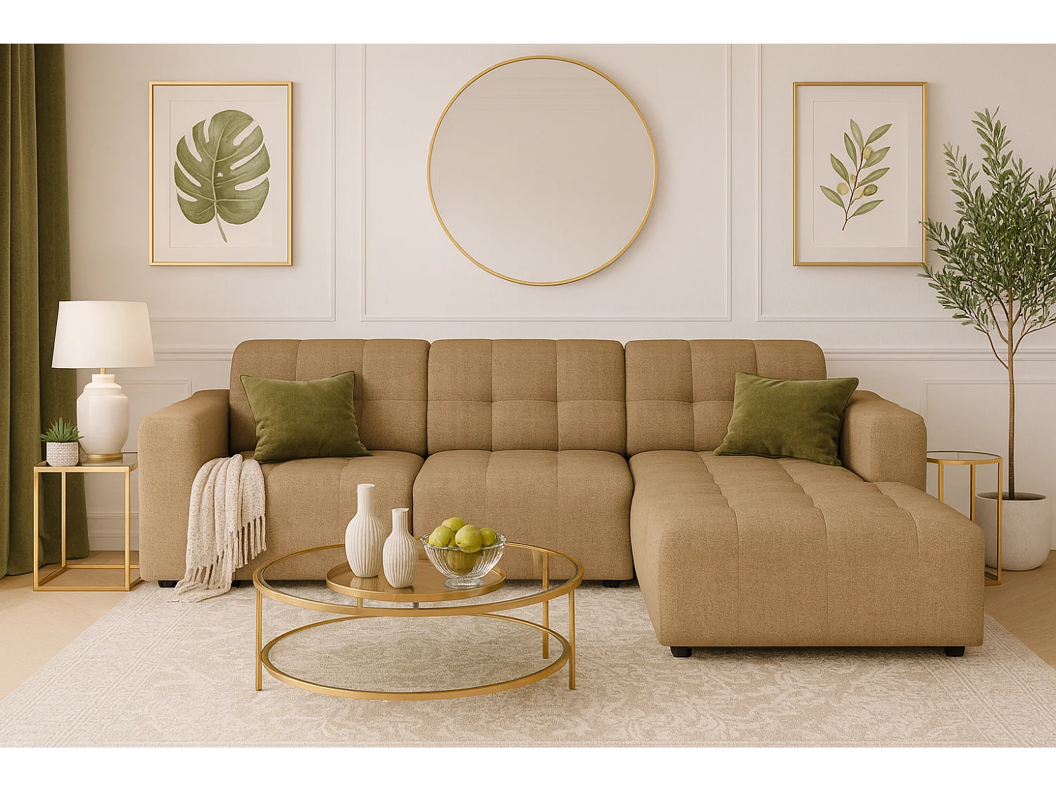 Hoekbank rechts  Bergamo A – stof Raven 34 lichtbruin, 284×166×70 cm