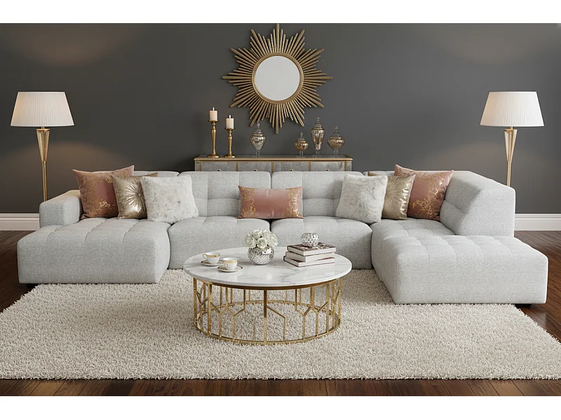 Ecksofa links mit Hocker/Pouf Bergamo C– Stoff Raven 6 hellgrau,364x262x70 cm