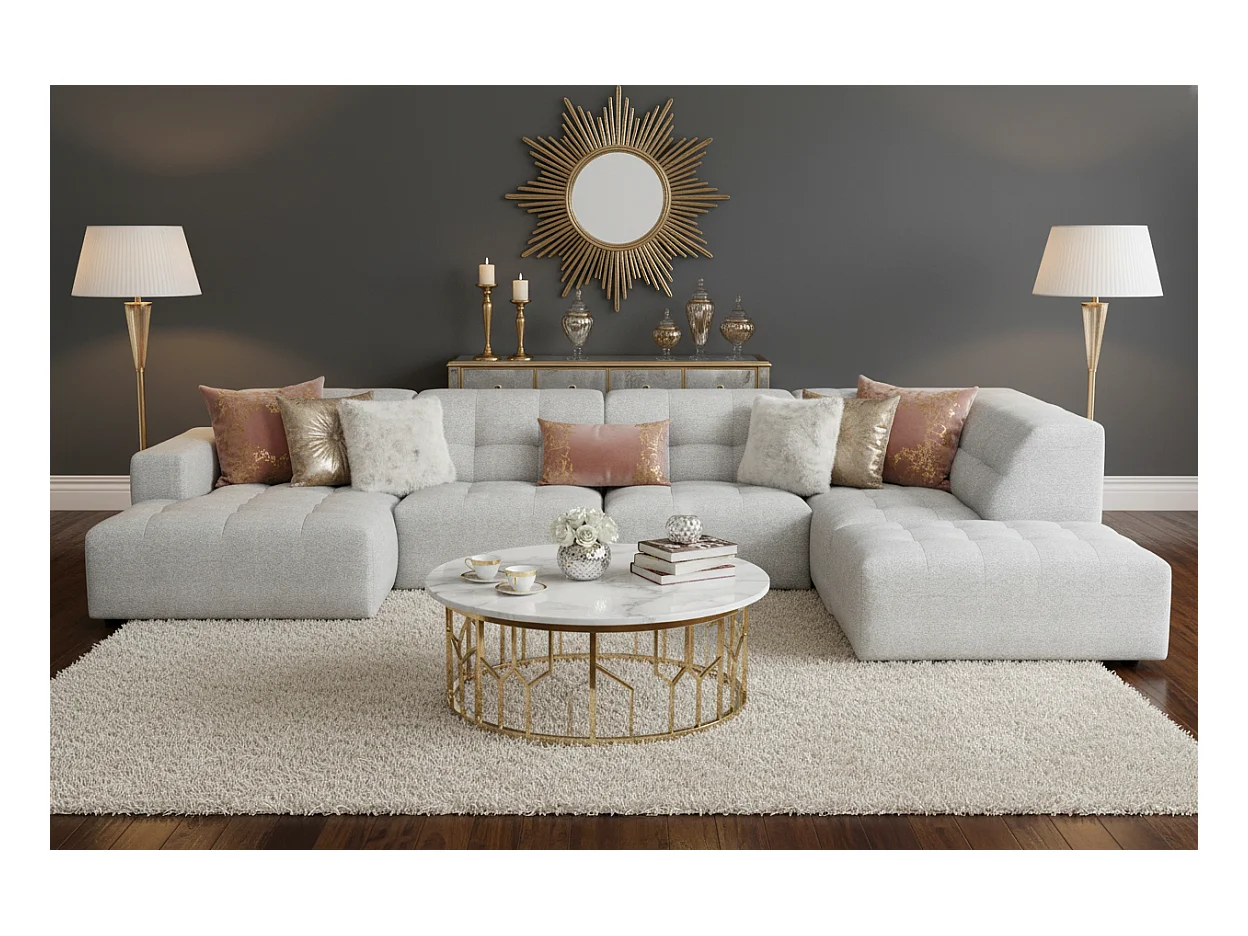 Canapé d’angle gauche avec pouf Bergamo C – tissu Raven 6 gris clair, 364×262×70 cm