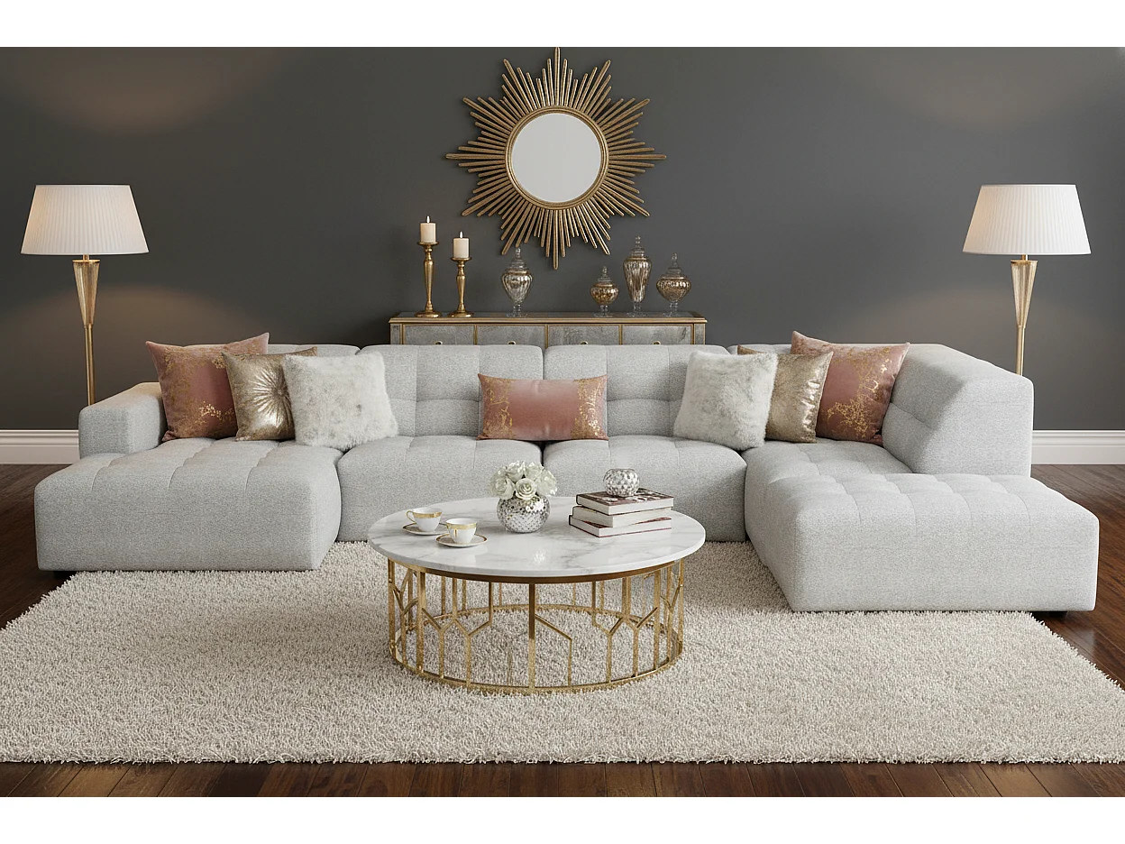 Canapé d’angle gauche avec pouf Bergamo C – tissu Raven 6 gris clair, 364×262×70 cm