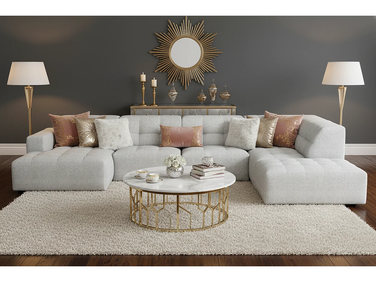 Canapé d’angle gauche avec pouf Bergamo C – tissu Raven 6 gris clair, 364×262×70 cm