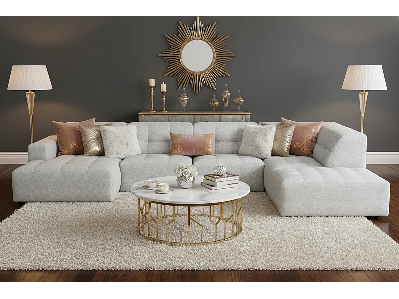 Hoekbank links met poef Bergamo C– stof Raven 6 lichtgrijs, 364x262x70 cm