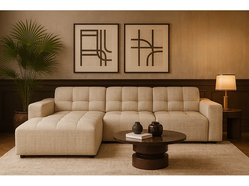 Ecksofa links Bergamo A – Stoff Raven 24 creme, 284×166×70 cm