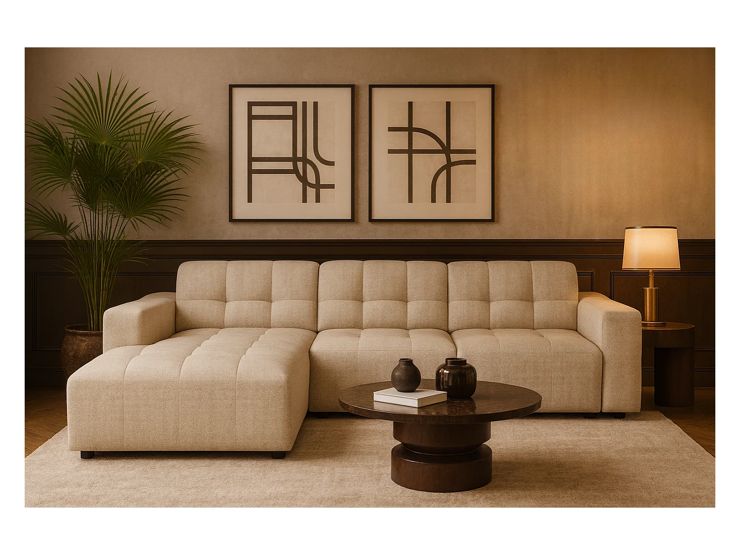 Ecksofa links Bergamo A – Stoff Raven 24 creme, 284×166×70 cm