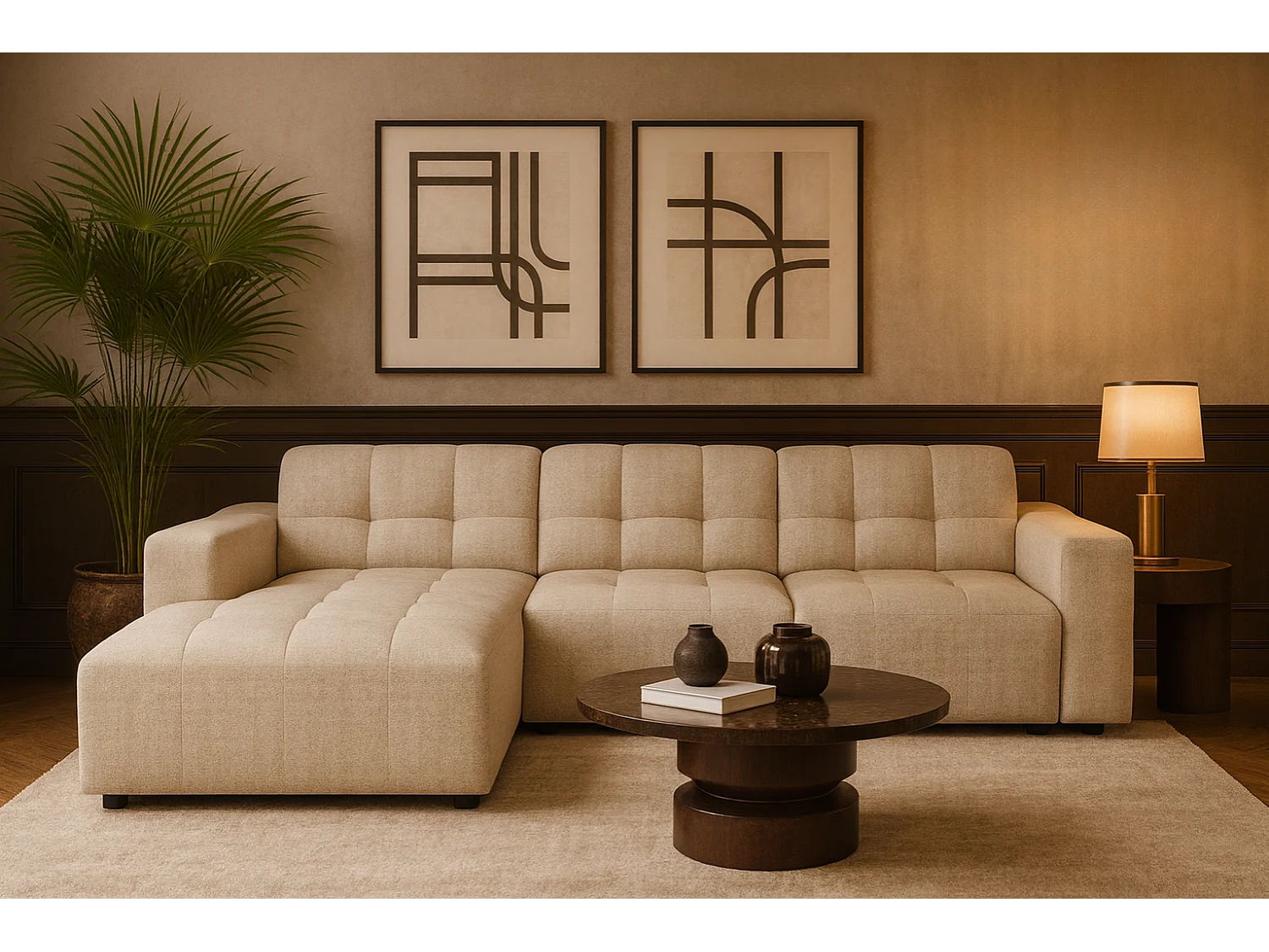 Canapé d’angle Bergamo A – angle gauche, tissu Raven 24 crème , 284×166×70 cm