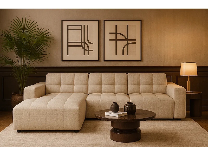 Canapé d’angle Bergamo A – angle gauche, tissu Raven 24 crème , 284×166×70 cm